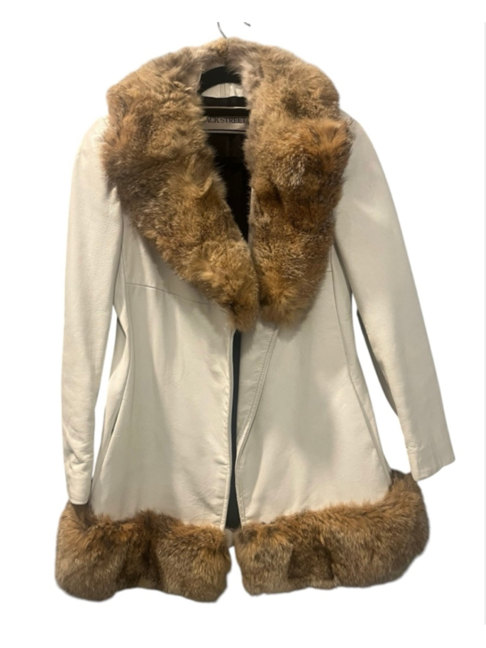 Rare Vintage 70s Back Street White Leather Penny Lane Coat Real Fur Trim Size 8